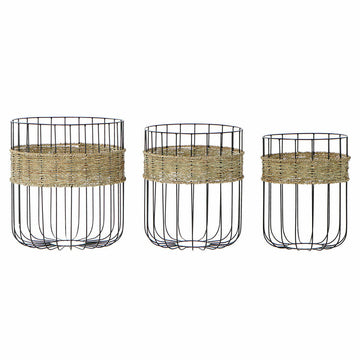 Basket set DKD Home Decor Black Natural Metal Natural Fibre 35 x 35 x 40 cm 3 Pieces