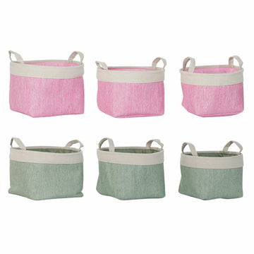 Basket set DKD Home Decor Green Beige Pink 32 x 32 x 23 cm Polyester 3 Pieces (2 Units)